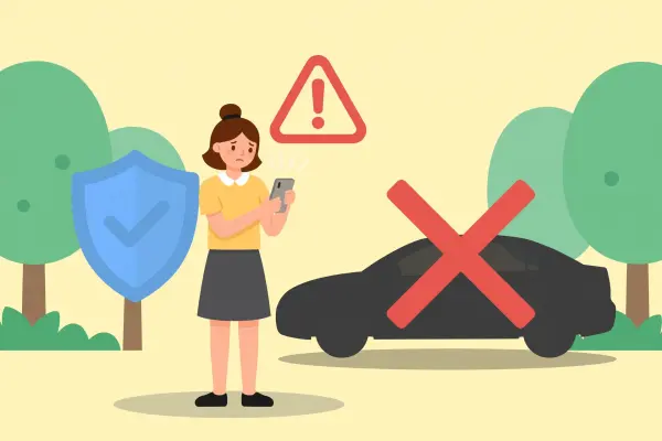 Woman checking her phone with a warning sign, a protective shield and a crossed-out car
