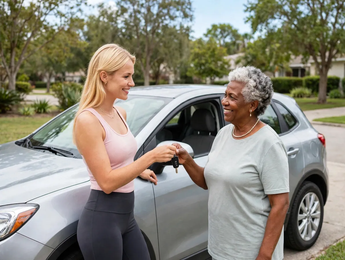 Smiling volunteer handing car keys to a senior woman beside a silver SUV donated through Free Car Foundation
